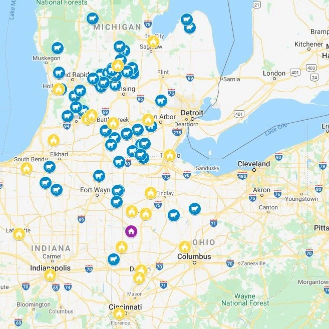 Map showing locations across midwest